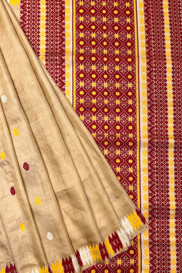 Beige Tussar Silk Assam Saree with Traditional Red Border and Pallu